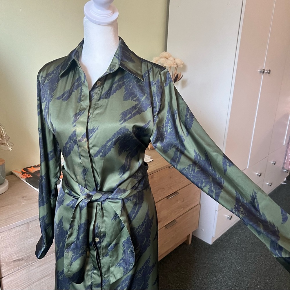 Forest Green & Black Houndstooth Button Down Multi-Way Wrap Satin Maxi Dress S - Picture 10 of 16